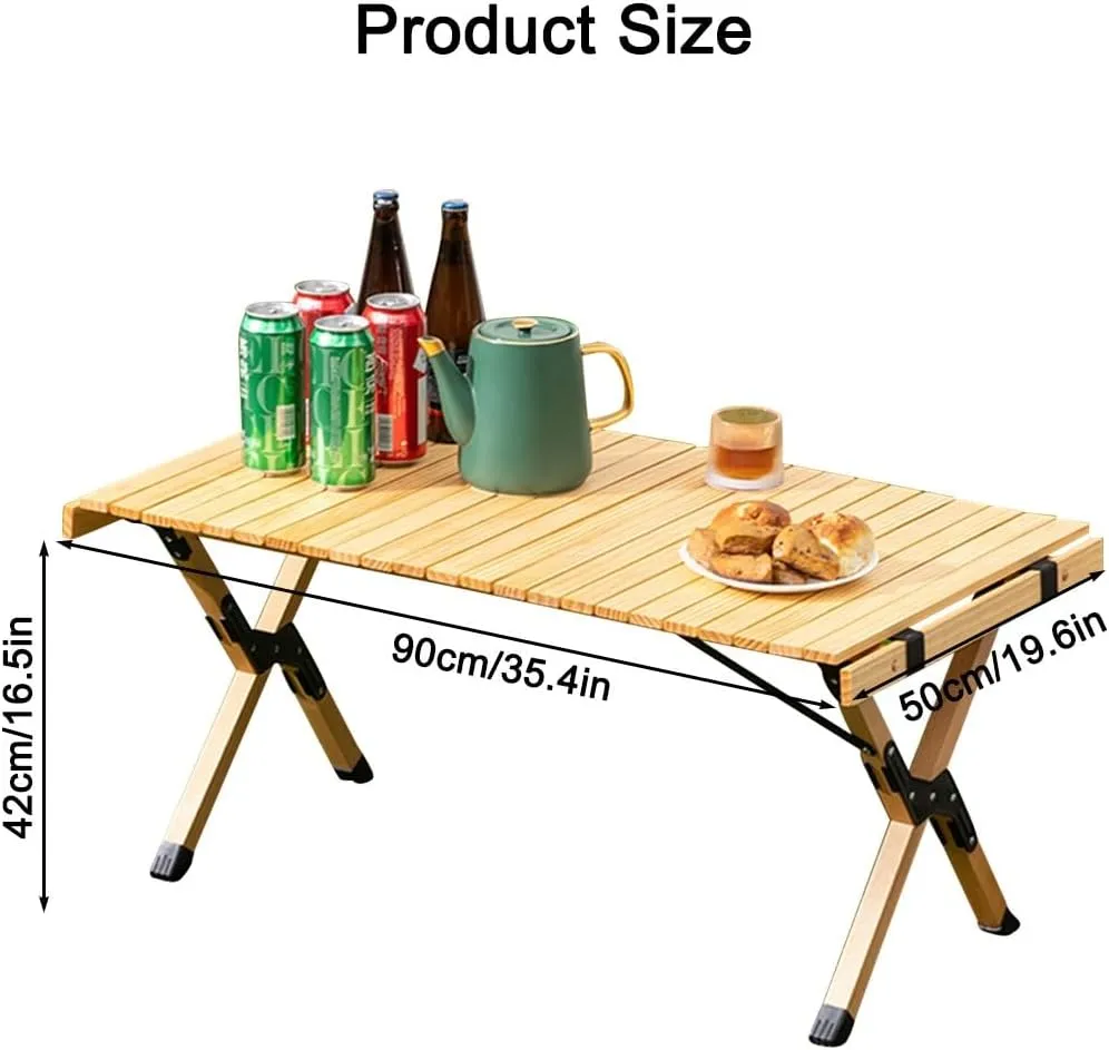 LEIYTFE Roll-up Desktop Outdoor Table Portable Camping Gear Folding Table,Small Garden Table for Party Holiday Picnic,BBQ, Patio,Wooden(90cm)