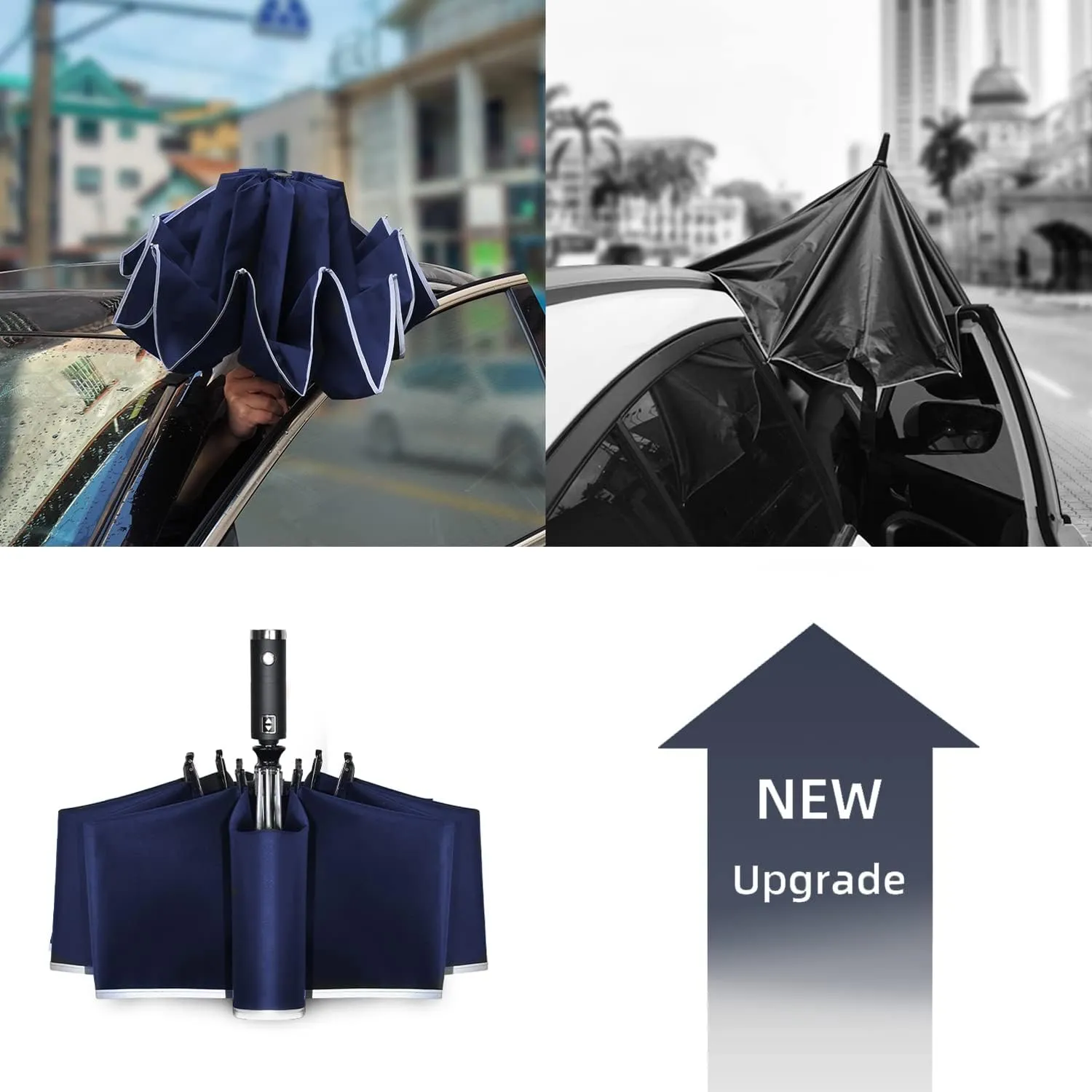 Lejorain Compact Inverted Reflective Umbrella - Automatic Folding Reverse LED Umbrella Travel Windproof Umbrellas for Rain