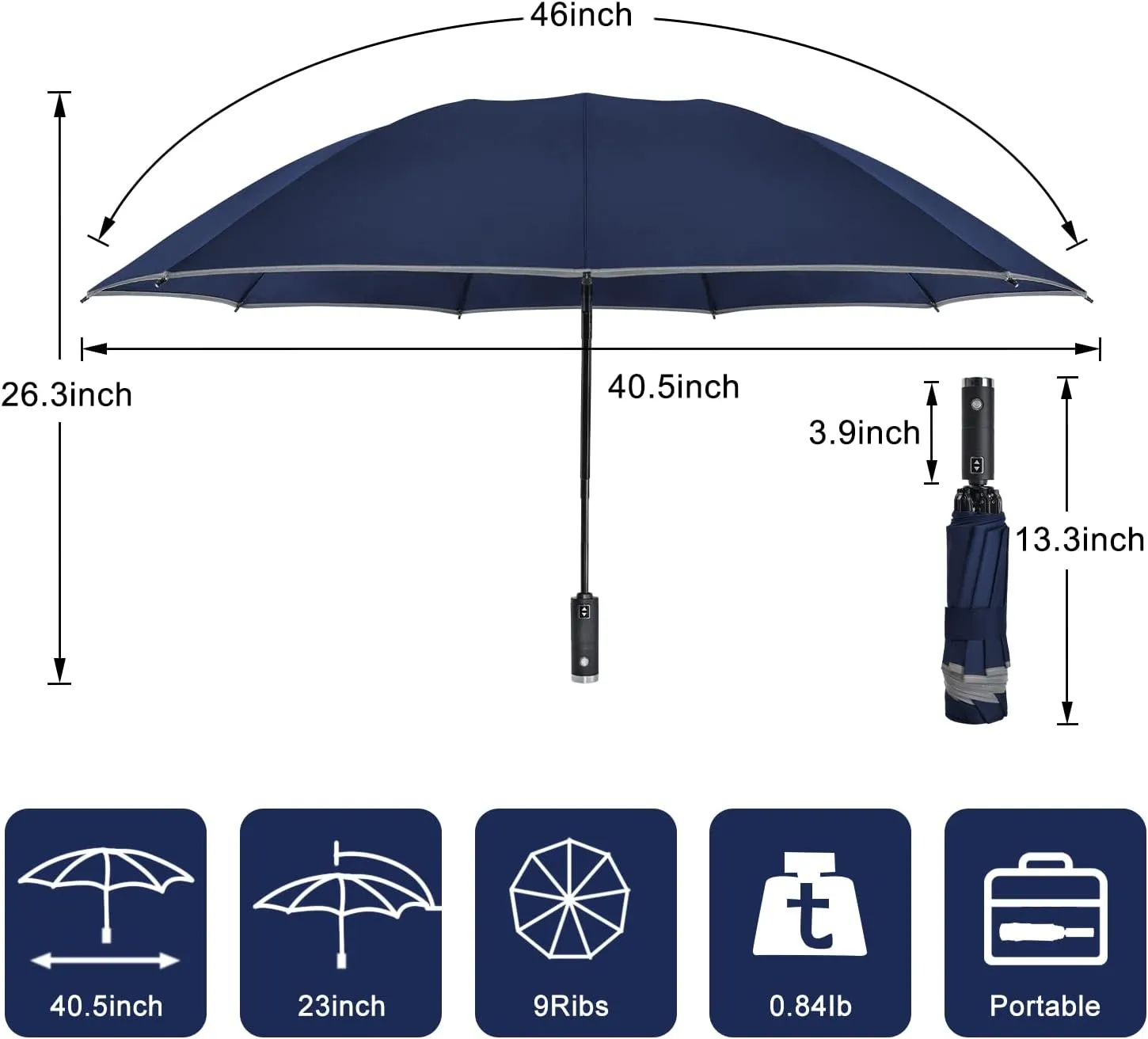 Lejorain Compact Inverted Reflective Umbrella - Automatic Folding Reverse LED Umbrella Travel Windproof Umbrellas for Rain