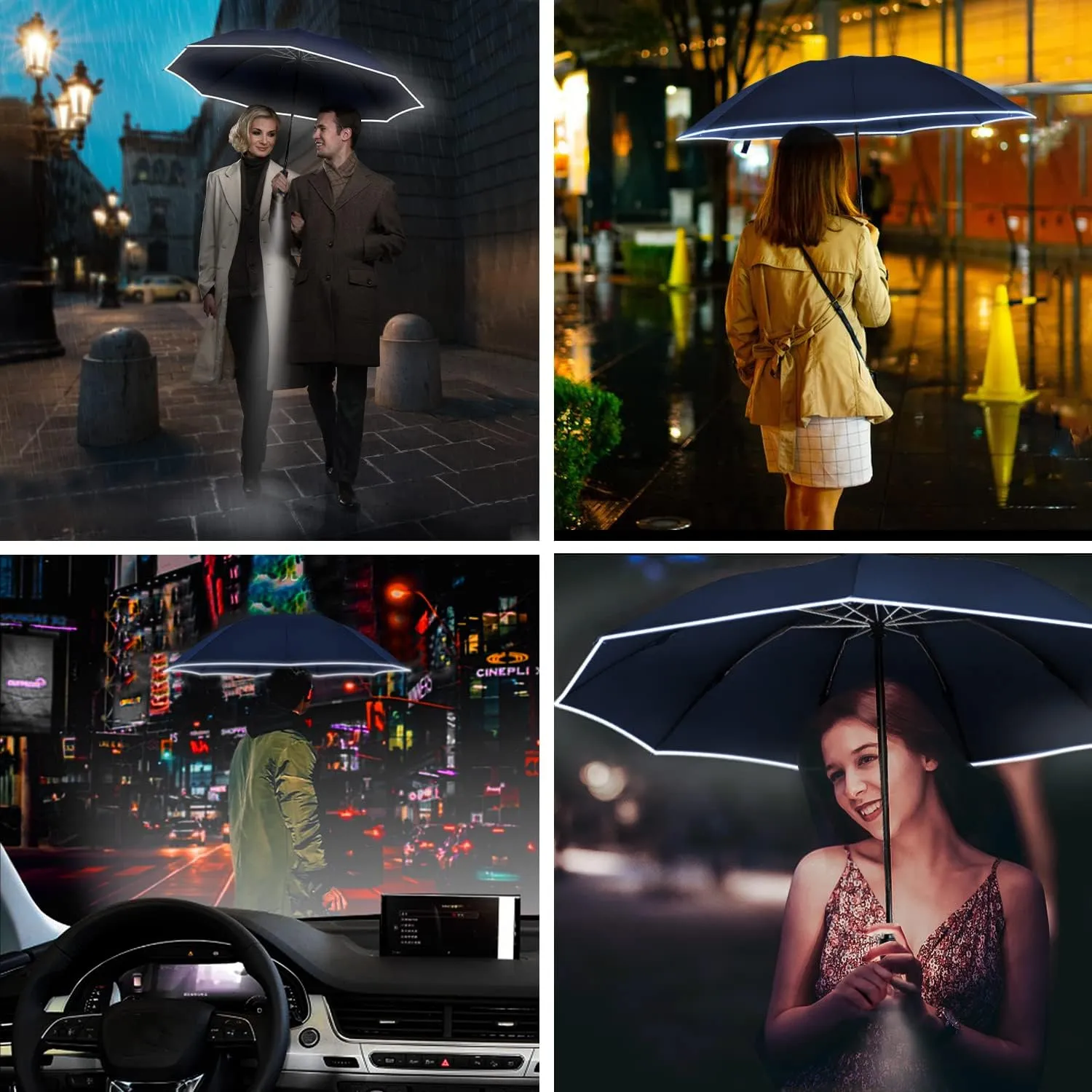 Lejorain Compact Inverted Reflective Umbrella - Automatic Folding Reverse LED Umbrella Travel Windproof Umbrellas for Rain
