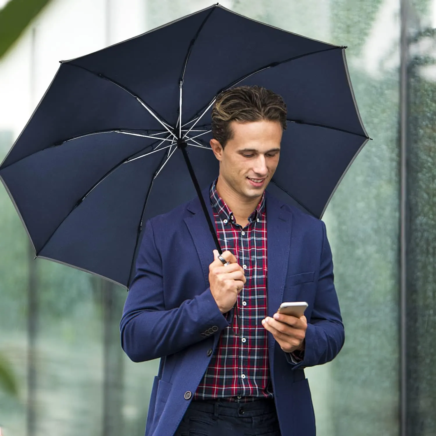 Lejorain Compact Inverted Reflective Umbrella - Automatic Folding Reverse LED Umbrella Travel Windproof Umbrellas for Rain
