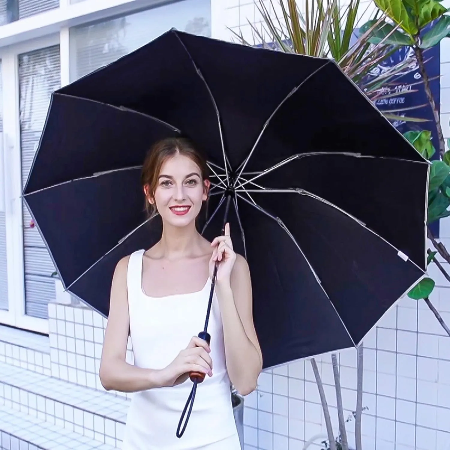 Lejorain Golf Large Inverted Umbrella - Black Big Windproof Heavy Duty Upside Down 54in Compact Car Automatic Folding Reflective Umbrella