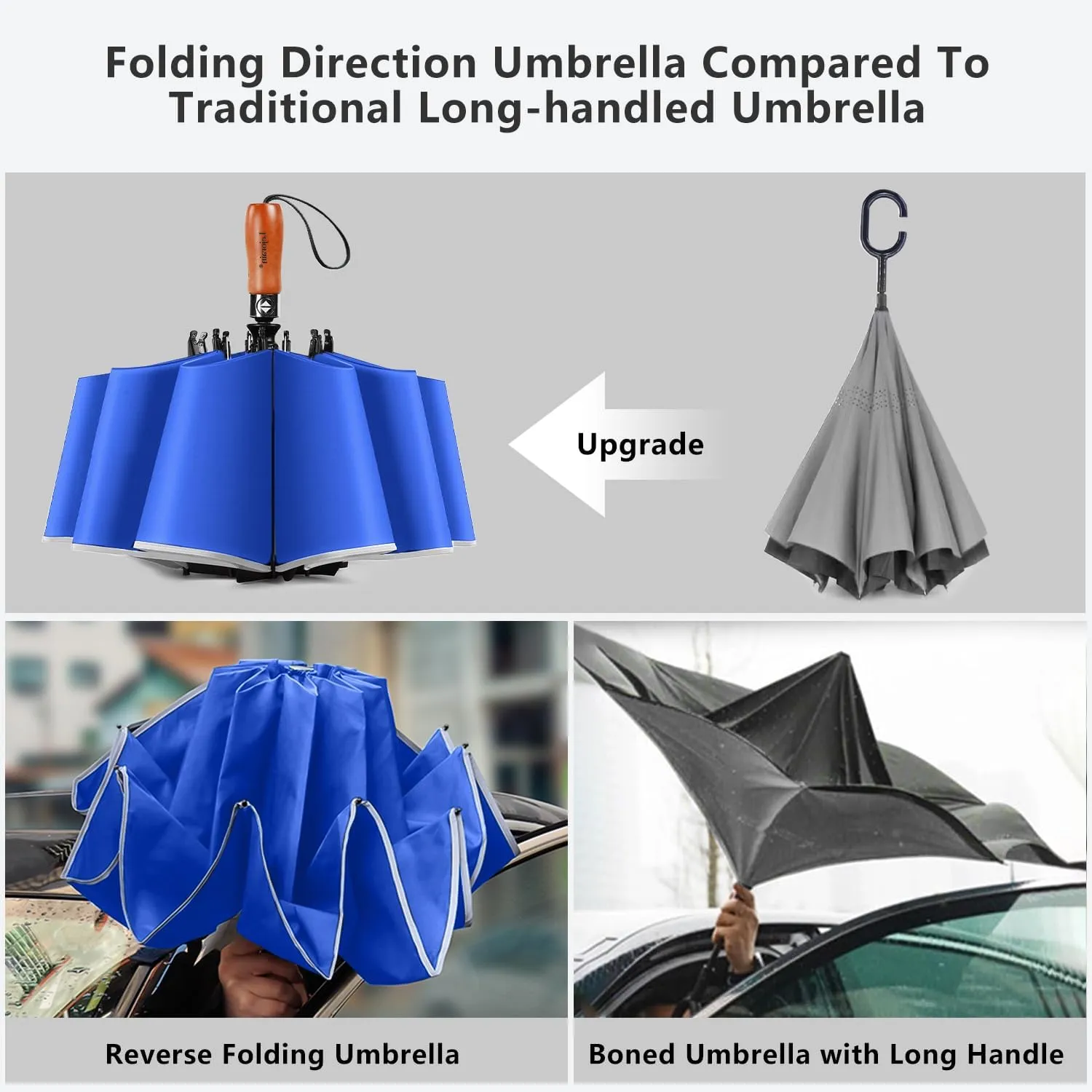 Lejorain Golf Large Inverted Umbrella - Black Big Windproof Heavy Duty Upside Down 54in Compact Car Automatic Folding Reflective Umbrella