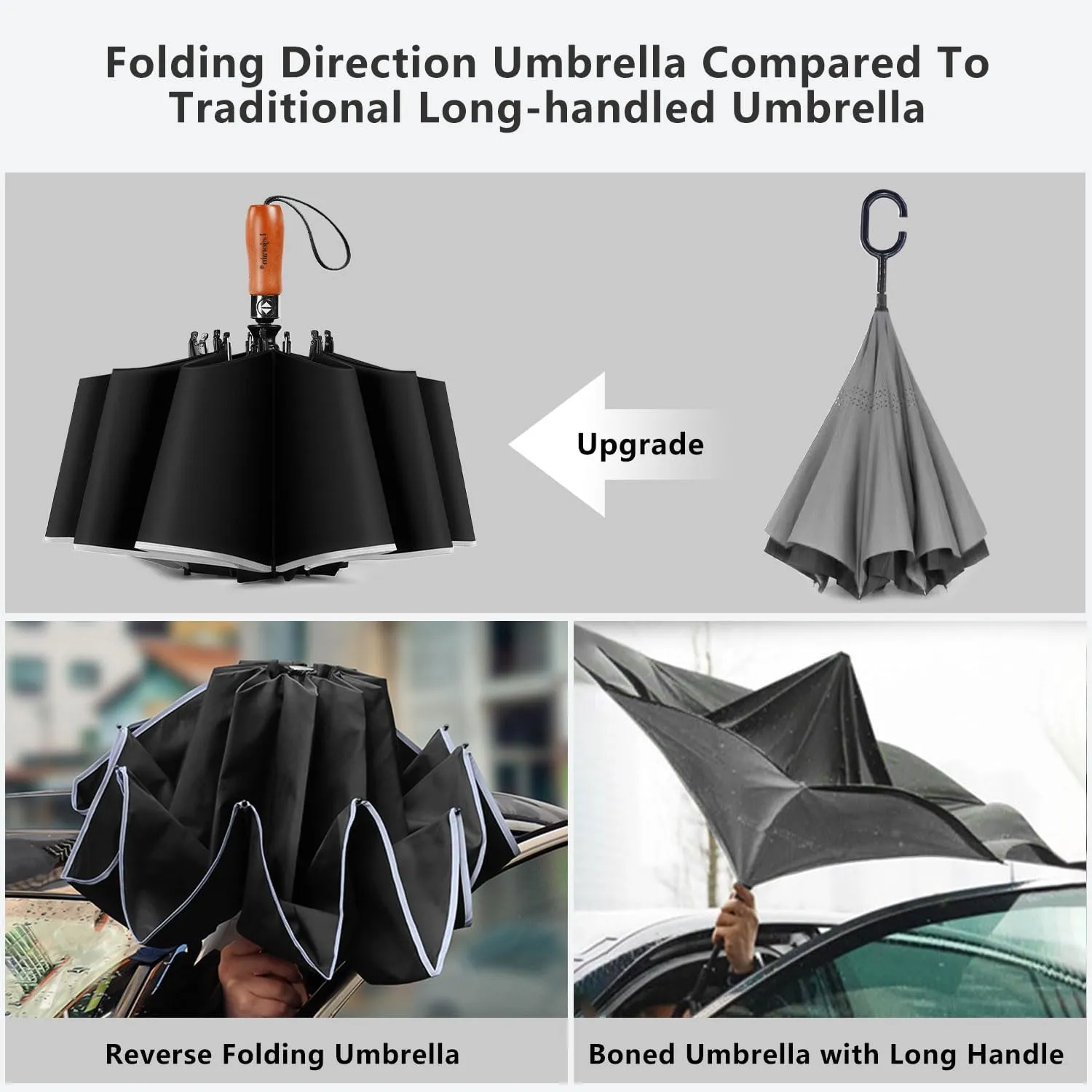 Lejorain Golf Large Inverted Umbrella - Black Big Windproof Heavy Duty Upside Down 54in Compact Car Automatic Folding Reflective Umbrella