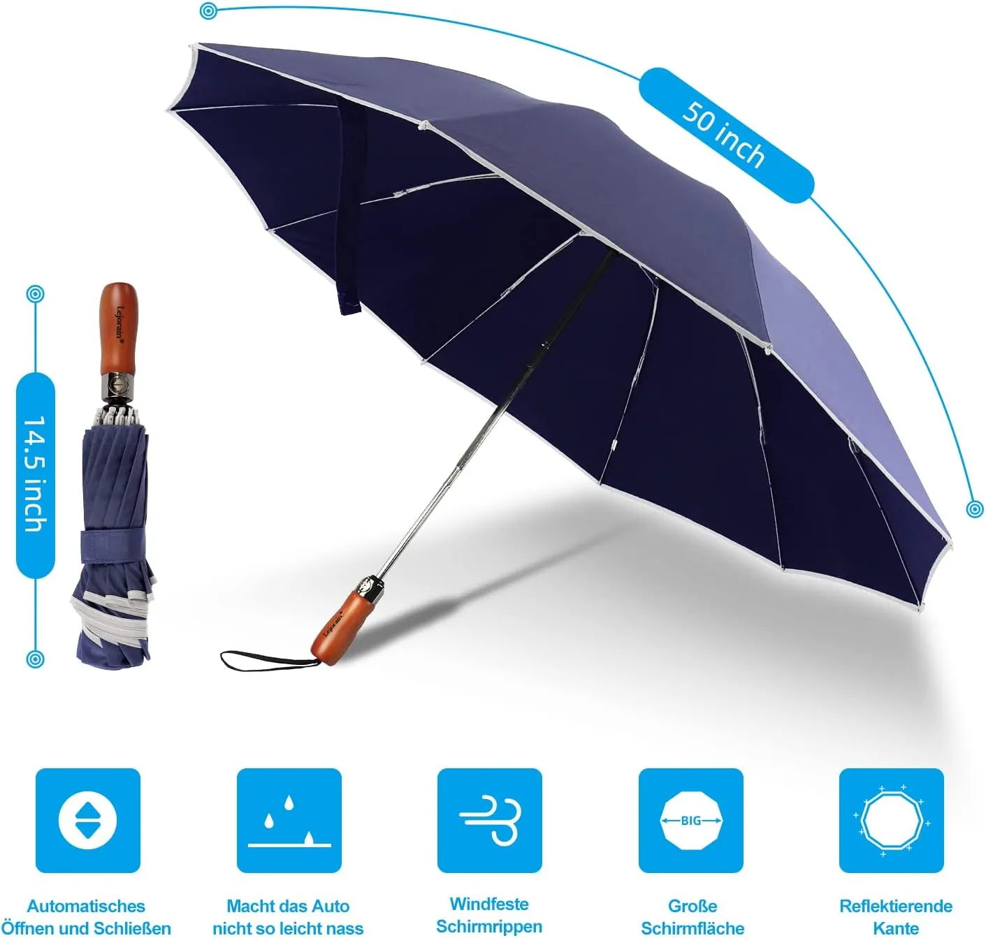 Lejorain Golf Large Inverted Umbrella - Black Big Windproof Heavy Duty Upside Down 54in Compact Car Automatic Folding Reflective Umbrella