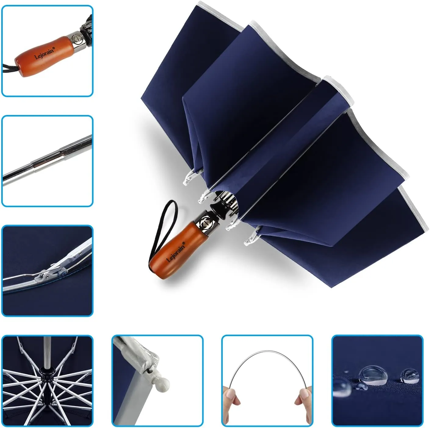Lejorain Golf Large Inverted Umbrella - Black Big Windproof Heavy Duty Upside Down 54in Compact Car Automatic Folding Reflective Umbrella