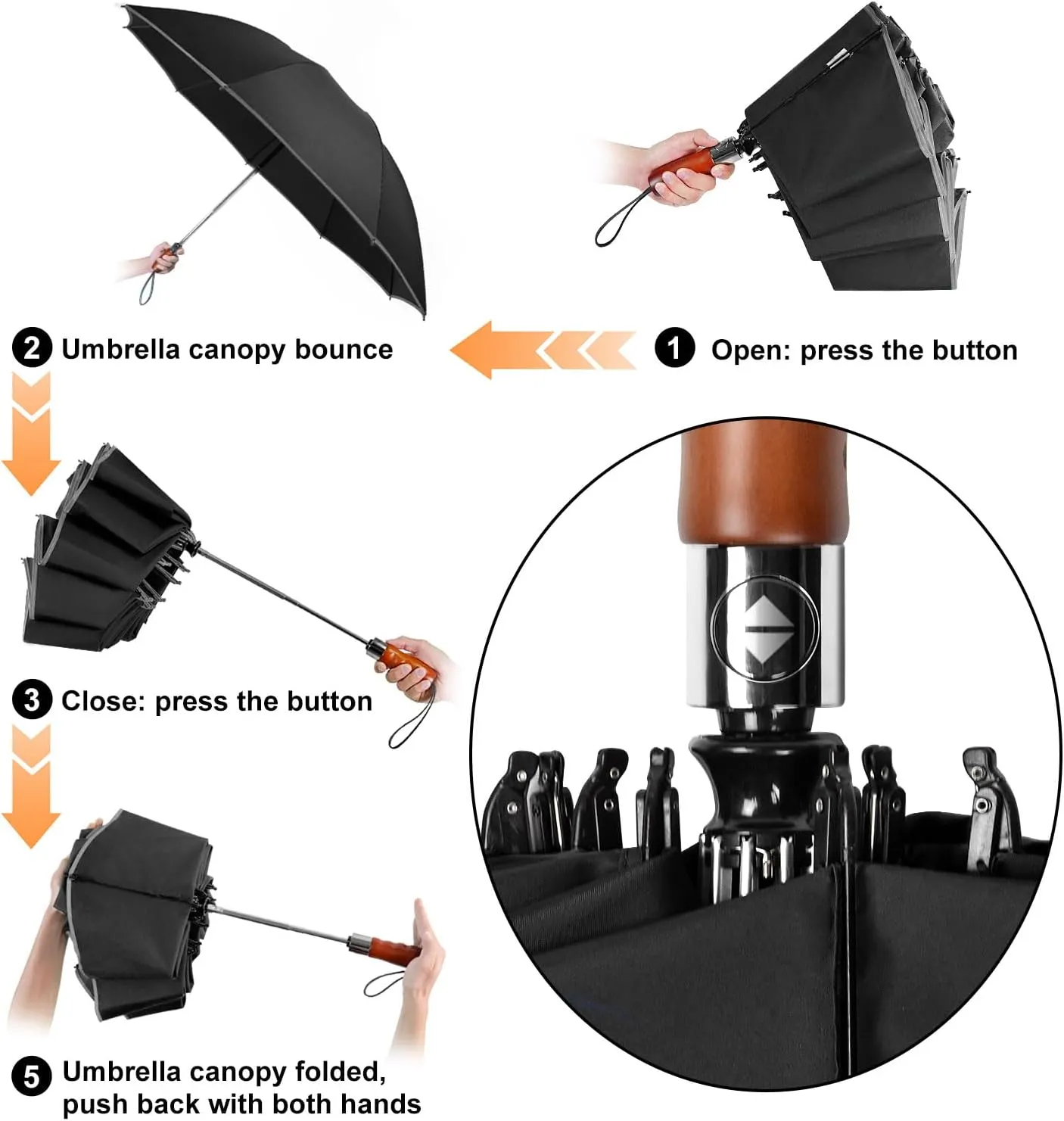 Lejorain Golf Large Inverted Umbrella - Black Big Windproof Heavy Duty Upside Down 54in Compact Car Automatic Folding Reflective Umbrella