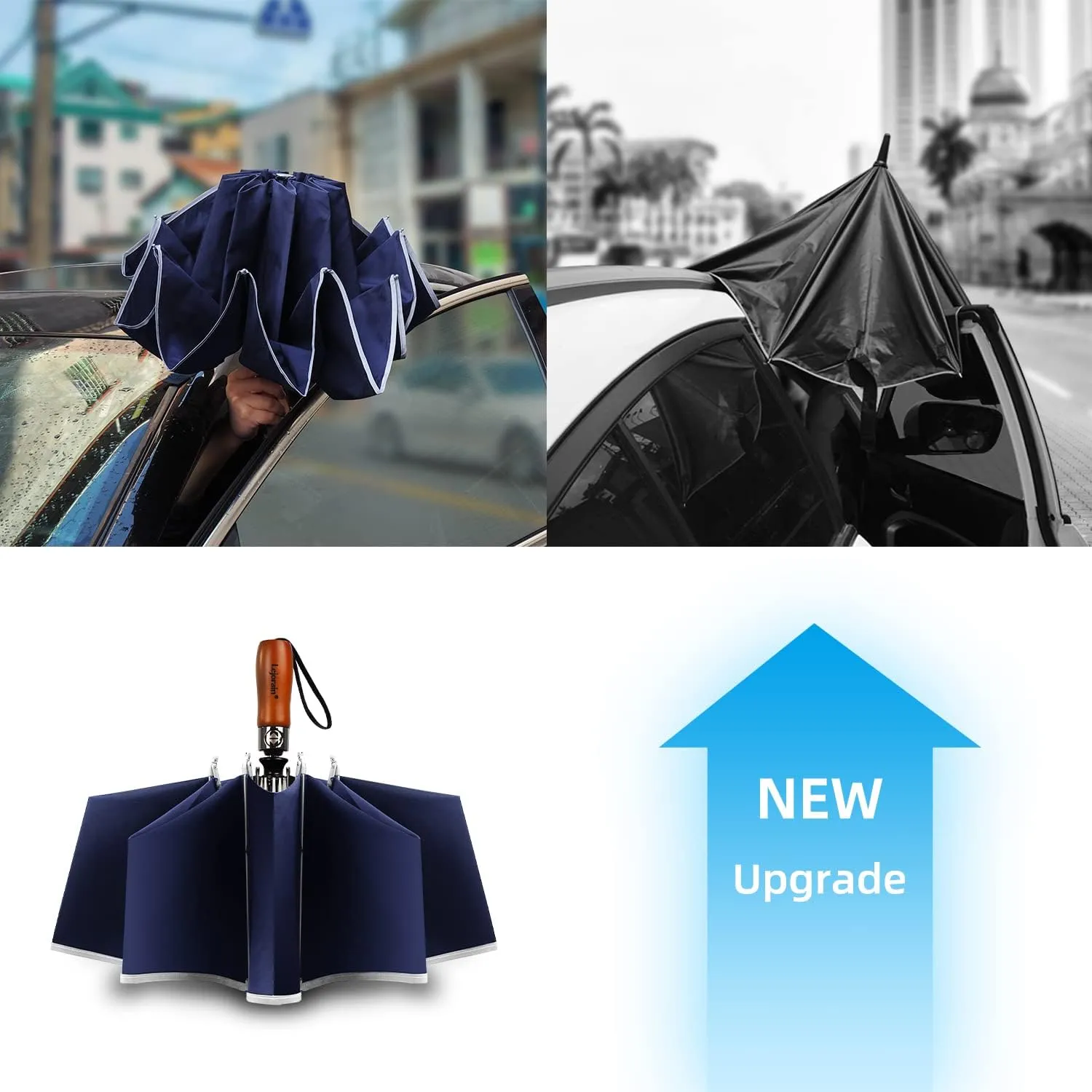 Lejorain Golf Large Inverted Umbrella - Black Big Windproof Heavy Duty Upside Down 54in Compact Car Automatic Folding Reflective Umbrella