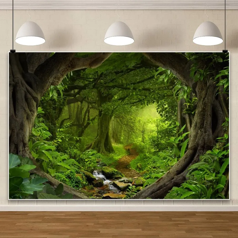 Leowefowa 10x7ft Jungle Forest Backdrop Spring Enchanted Forest Dreamland Dirt Road Background for Photography Lush Woods Kids Adults Shoot Studio Props Wild One VBS Jungle Safari Bday Party Banner