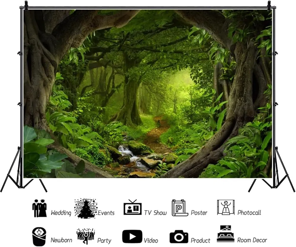 Leowefowa 10x7ft Jungle Forest Backdrop Spring Enchanted Forest Dreamland Dirt Road Background for Photography Lush Woods Kids Adults Shoot Studio Props Wild One VBS Jungle Safari Bday Party Banner