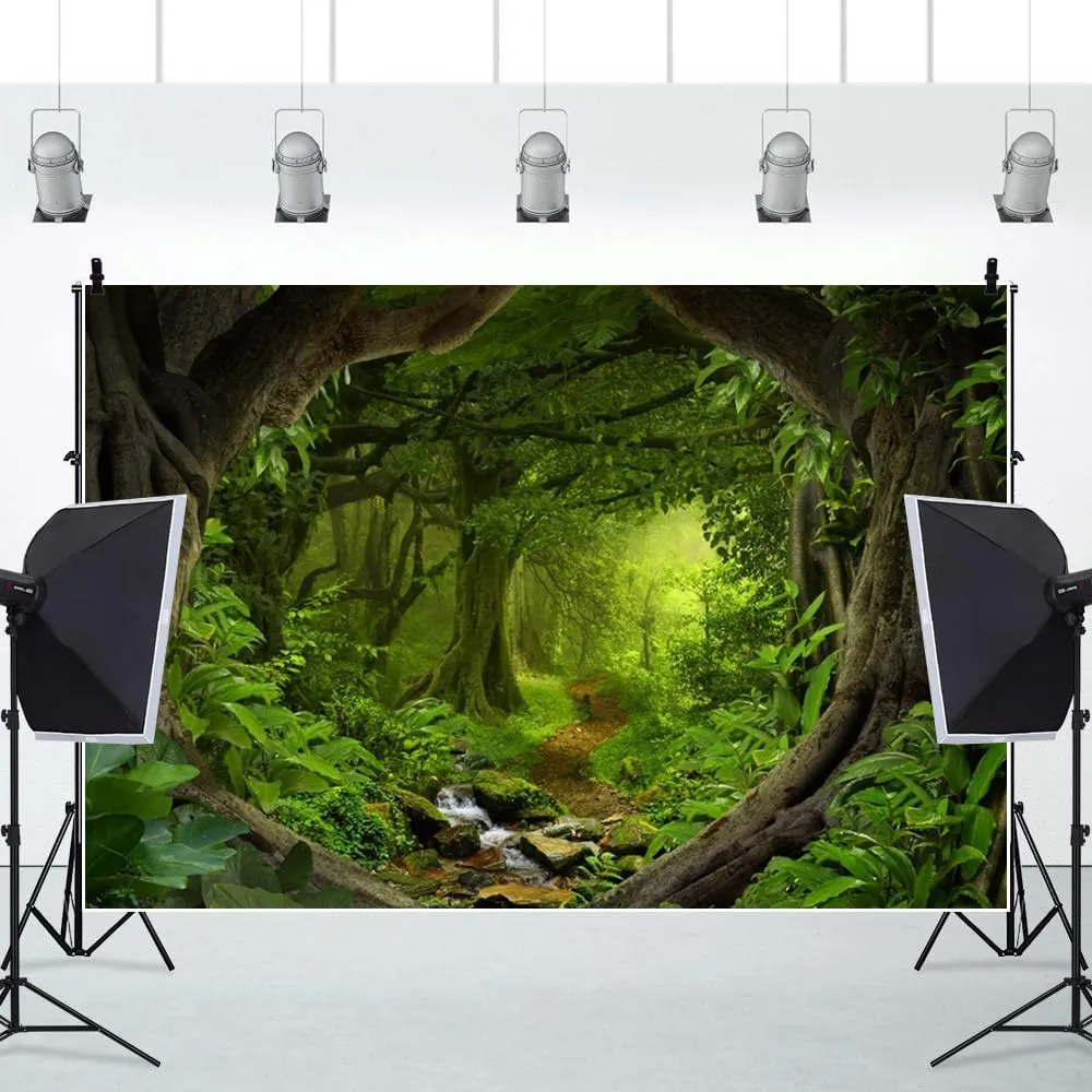 Leowefowa 10x7ft Jungle Forest Backdrop Spring Enchanted Forest Dreamland Dirt Road Background for Photography Lush Woods Kids Adults Shoot Studio Props Wild One VBS Jungle Safari Bday Party Banner