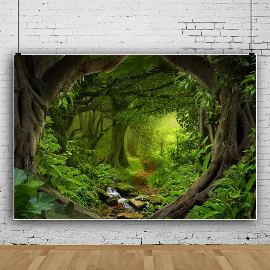 Leowefowa 10x7ft Jungle Forest Backdrop Spring Enchanted Forest Dreamland Dirt Road Background for Photography Lush Woods Kids Adults Shoot Studio Props Wild One VBS Jungle Safari Bday Party Banner