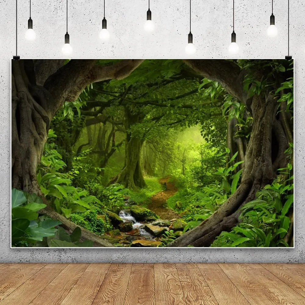 Leowefowa 10x7ft Jungle Forest Backdrop Spring Enchanted Forest Dreamland Dirt Road Background for Photography Lush Woods Kids Adults Shoot Studio Props Wild One VBS Jungle Safari Bday Party Banner