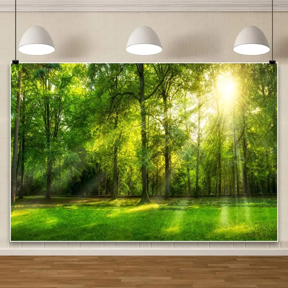 Leowefowa 15x10ft Spring Backdrop Jungle Forest Trees Backdrops for Photography Sunshine Rays Green Grassland Nature Outdoor Vinyl Photo Background Kids Adults Studio Props