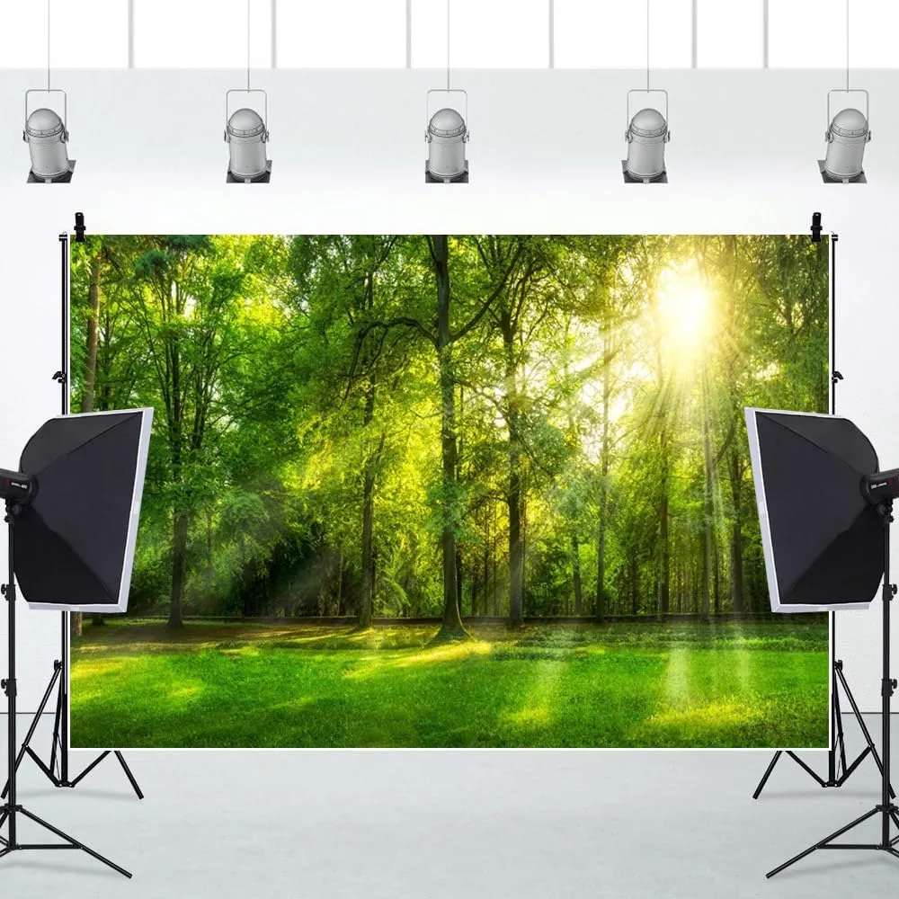 Leowefowa 15x10ft Spring Backdrop Jungle Forest Trees Backdrops for Photography Sunshine Rays Green Grassland Nature Outdoor Vinyl Photo Background Kids Adults Studio Props