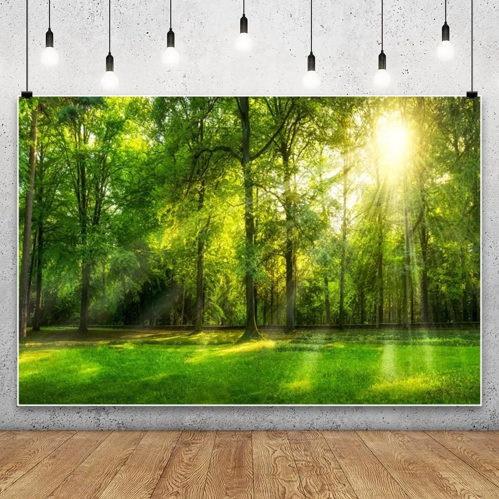Leowefowa 15x10ft Spring Backdrop Jungle Forest Trees Backdrops for Photography Sunshine Rays Green Grassland Nature Outdoor Vinyl Photo Background Kids Adults Studio Props
