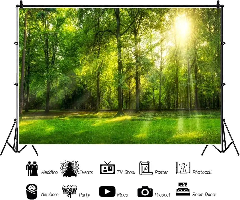 Leowefowa 15x10ft Spring Backdrop Jungle Forest Trees Backdrops for Photography Sunshine Rays Green Grassland Nature Outdoor Vinyl Photo Background Kids Adults Studio Props