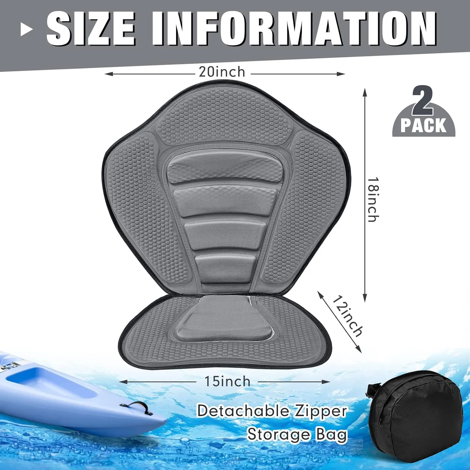 Lewtemi 2 Pack Kayak Seats with Back Support Adjustable Sit on Top Padded Boat Seat with Detachable Storage Bag and 8 Fixed D Ring and Screws