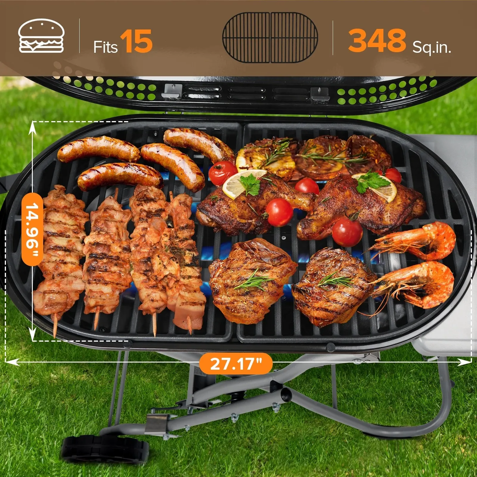 LHRIVER Portable 348 sq.in Stand-Up Propane Grill, 15000 BTU Folding Gas Grill Cart with Side Table & 2 Wheels for Camping, Patio