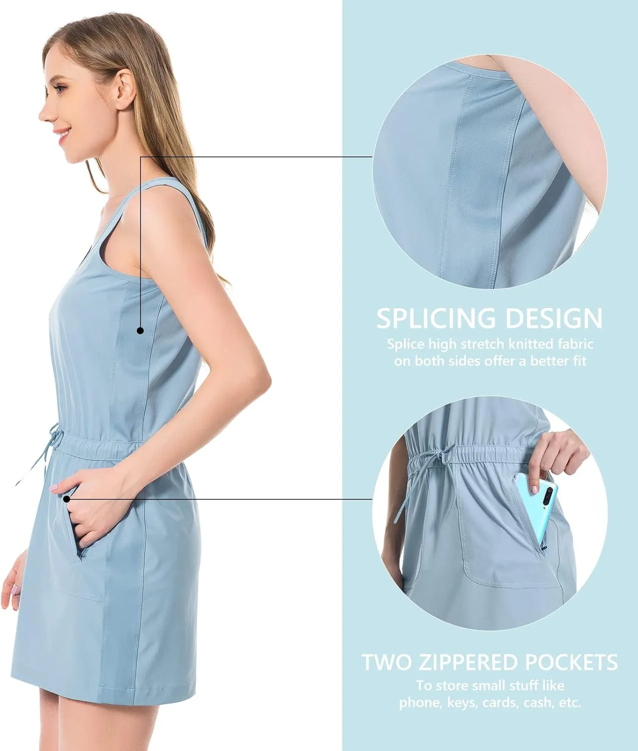 Lightbare Women’s UPF 50  Tank Dress with Pockets Detachable Shorts Drawstring Waist Quick Dry for Hiking Camping Outdoors