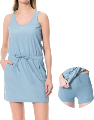 Lightbare Women’s UPF 50  Tank Dress with Pockets Detachable Shorts Drawstring Waist Quick Dry for Hiking Camping Outdoors