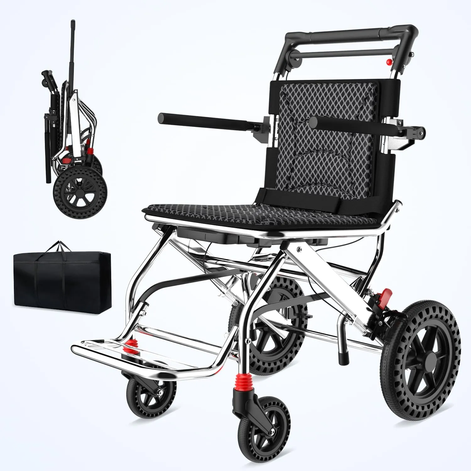 Lightweight Folding Wheelchair for Travel Aluminum Alloy Foldable Wheelchair with Hand Brake and Bag for Adults and Children