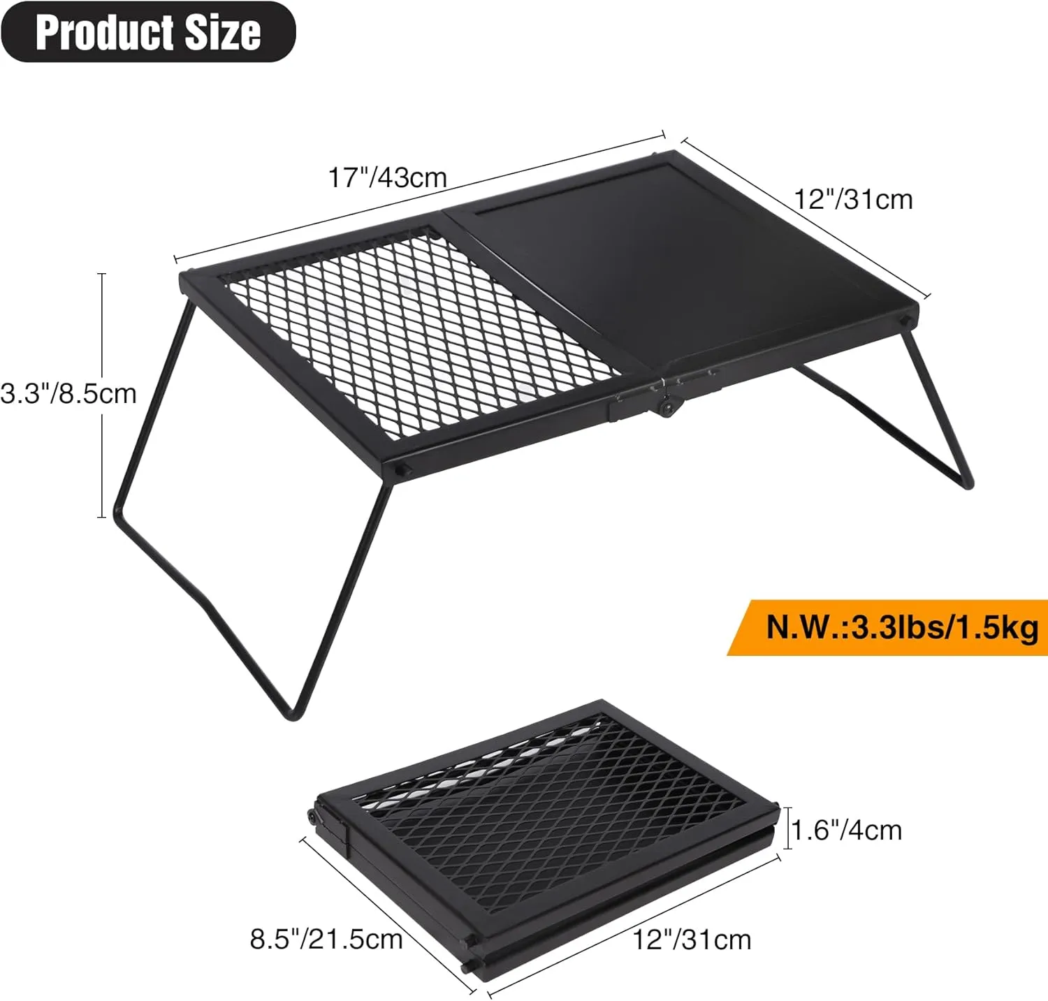 Lineslife 17'' Folding Campfire Grill Grate and Griddle, Portable Heavy Duty Steel Fire Pit Cooking Grill Grate, Camp Fire Cooking Equipment for Outdoor BBQ Picnic, Black