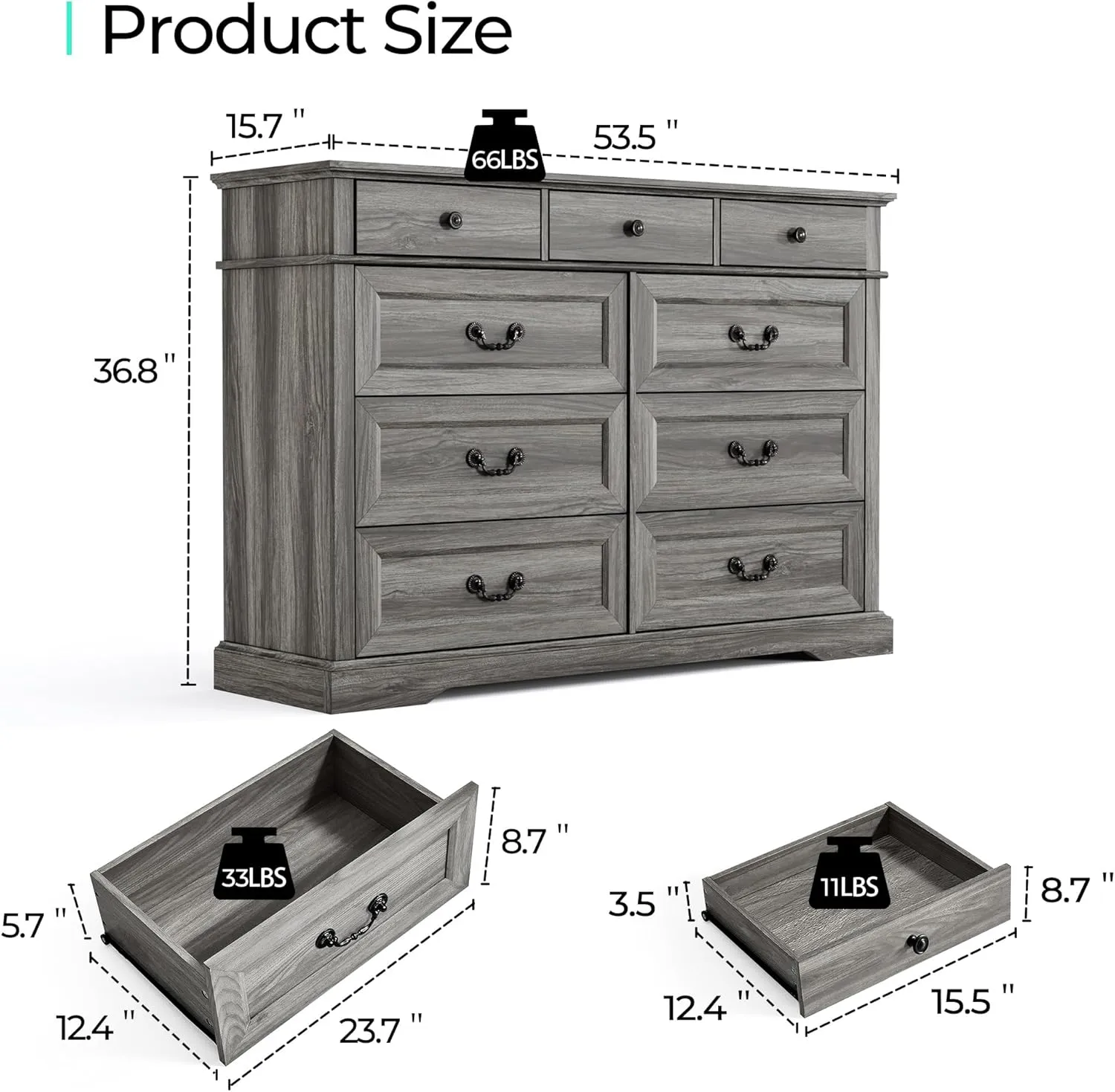 LINSY HOME Farmhouse 9-Drawer Dresser - Grey Chest of Drawers for Bedroom and Living Room Organization, Wood Dresser with Ample Storage Space and Rustic Charm, Grey