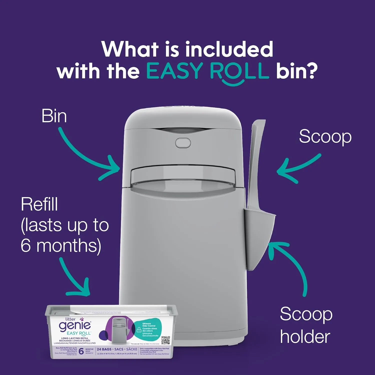 Litter Genie Easy Roll Pail | Cat Litter Box Waste Disposal System for Odor Control | Includes 1 Continuous Refill Bag
