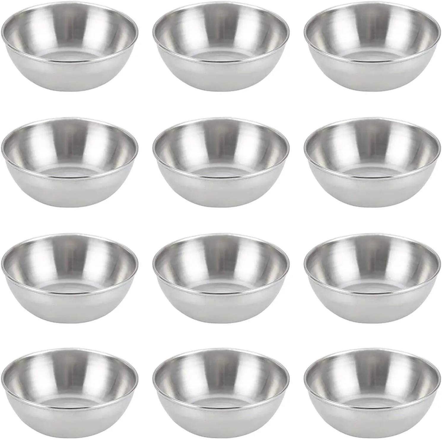 Lomodo 12 Pack Stainless Steel Sauce Bowls Round Seasoning Dishes Mini Saucers Dishes Sushi Dipping Bowel Appetizer Plate (3.23 inch x 1.18 inch x 2.05 inch)