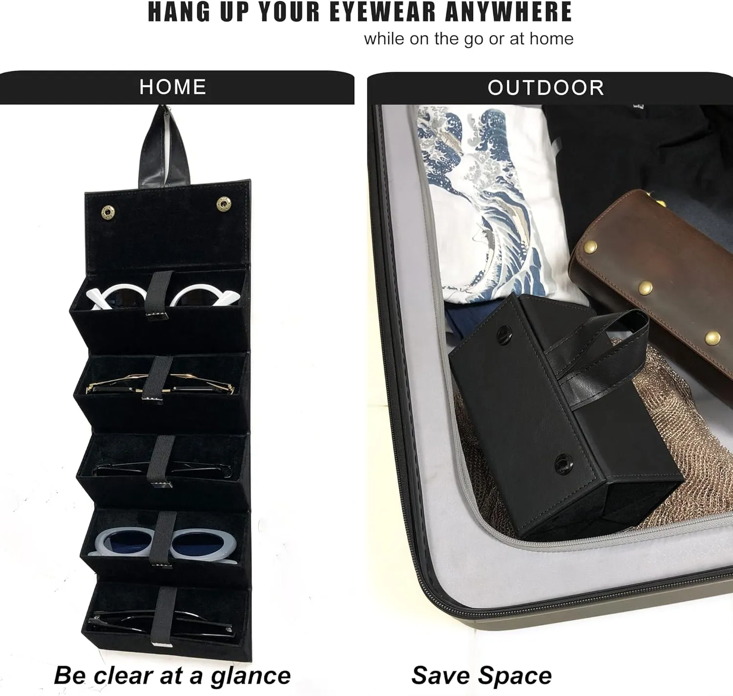 Longjet Sunglasses Organizer 5 Slots Travel Glasses Case Multiple Pairs Eyeglasses Storage Box Hanging Eyewear Holder