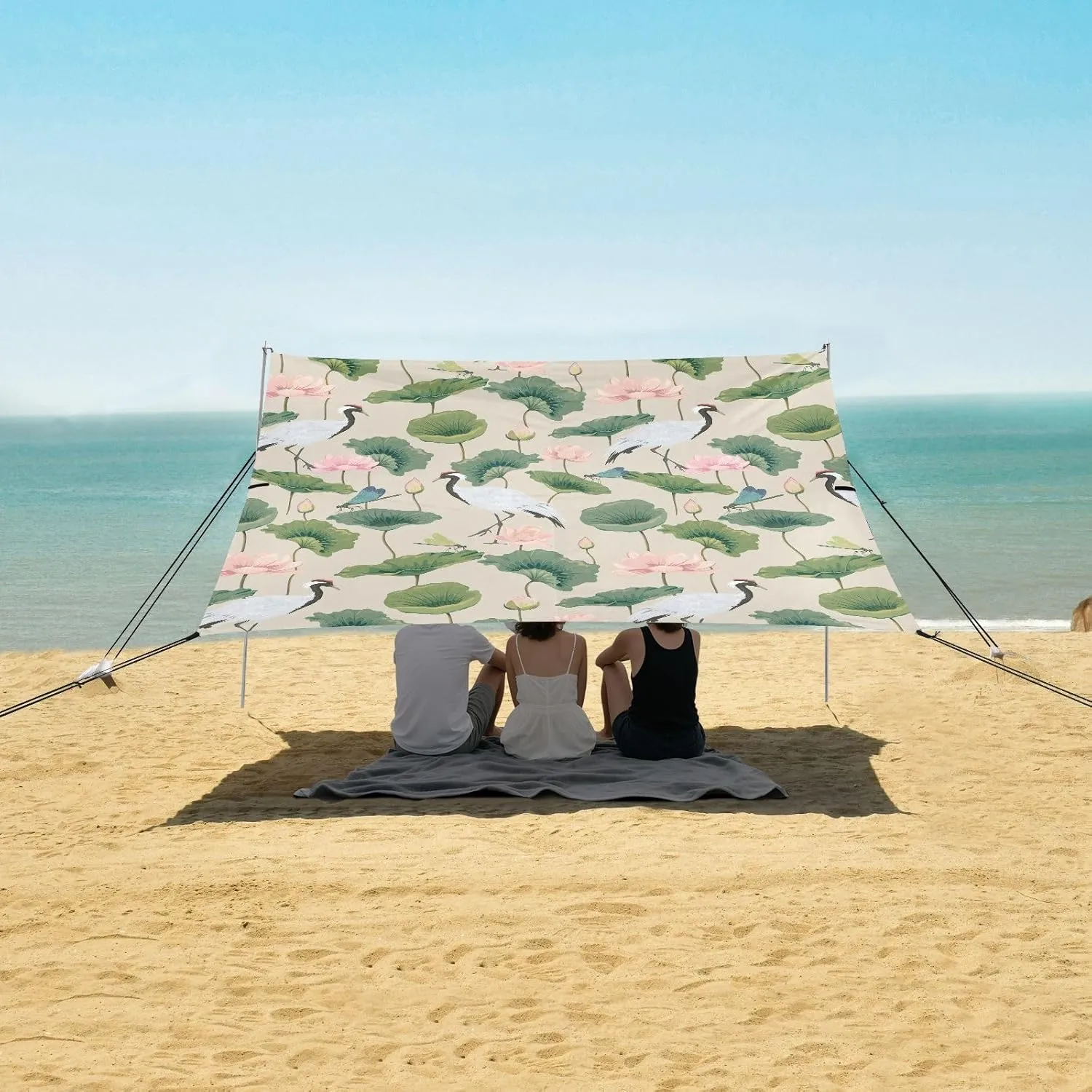 Lotuses Japanese Cranes Beach Canopy Tent Anti-UV & Wind Resistant, Camping Sun Shelter Easy Setup Portable,Outdoor Shade Tents with Sandbags,Sand Shovels,Ground Pegs & Stability Poles
