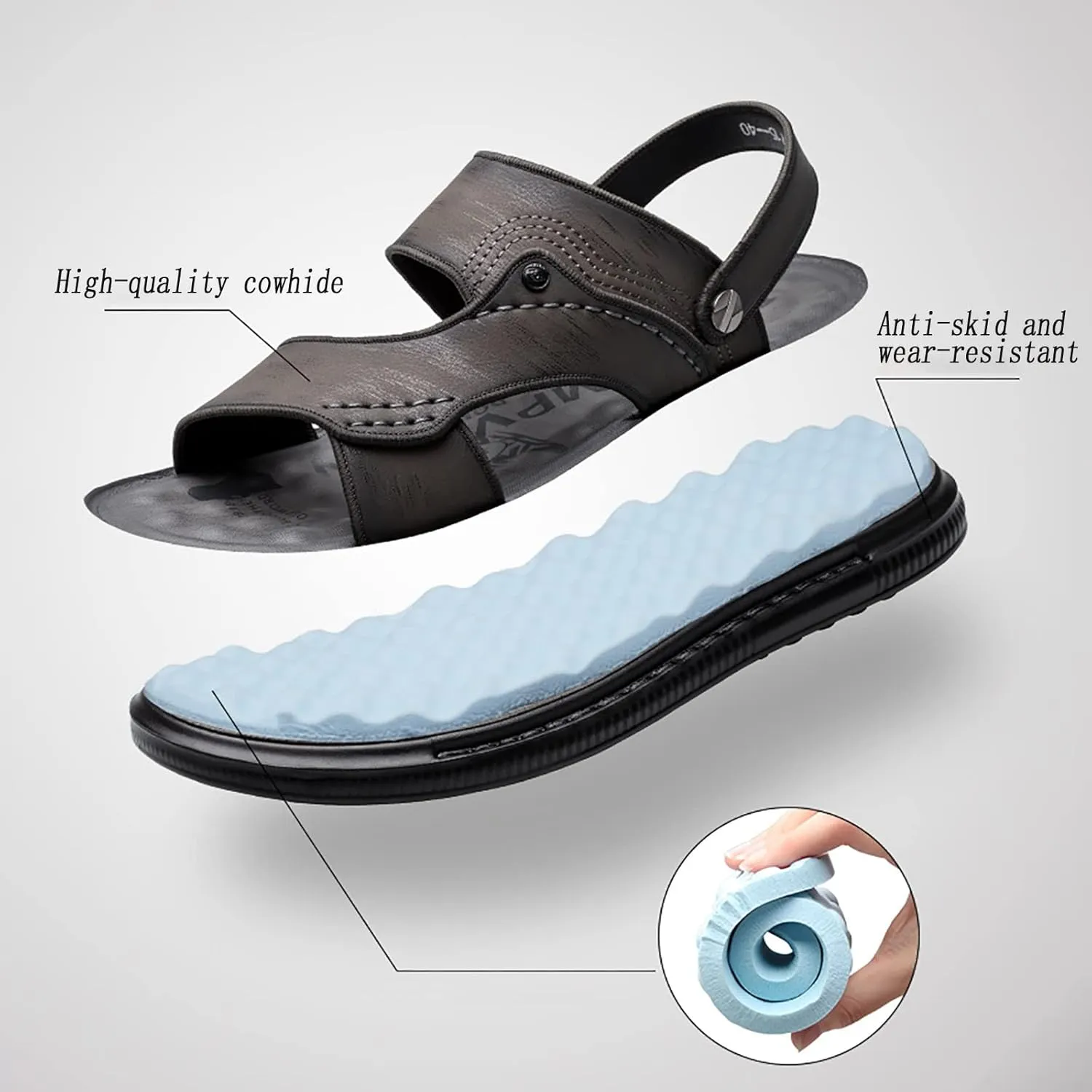 ls for Men Leather, Summer Soft High Elastic Non-Slip Textured Sole Beach Slippers, Outdoor Breathable Adjustable Heel Strap Open Toe ls