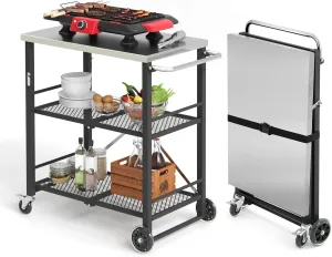 LUE BONA Foldable Outdoor Grill Cart with 2 Total Lock Casters, Stainless Steel Pizza Oven Stand, Rolling BBQ Table and 3 Shelf Folding Kitchen Island, Black