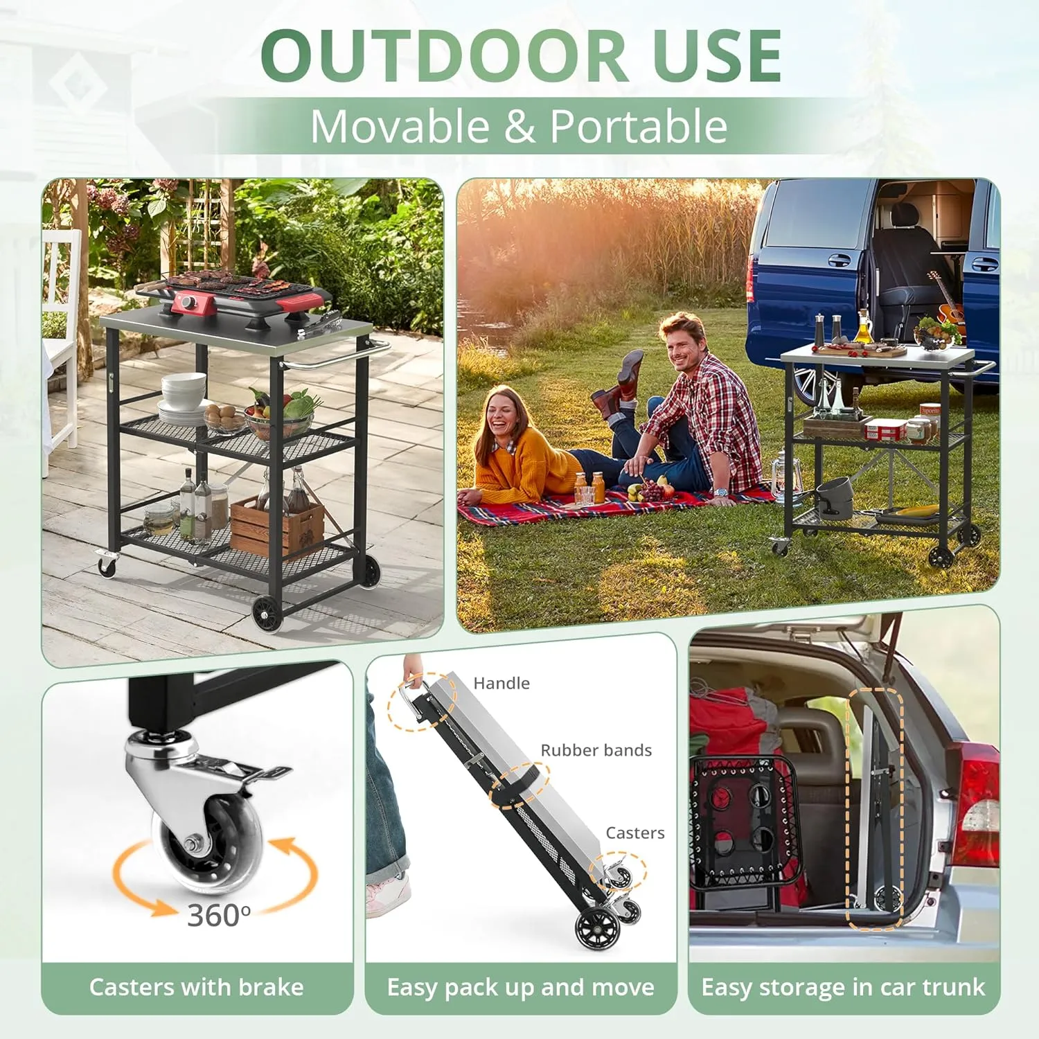 LUE BONA Foldable Outdoor Grill Cart with 2 Total Lock Casters, Stainless Steel Pizza Oven Stand, Rolling BBQ Table and 3 Shelf Folding Kitchen Island, Black