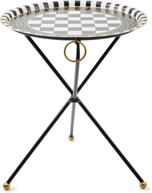 MACKENZIE-CHILDS Tilt-Top Black Tripod Table, Unique Folding Black-and-White Side Table