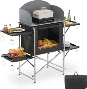 MADOG Camping Kitchen Table, Aluminum Folding Camp Cook Station with Windscreen, Storage Organizer and Carrying Bag, for Outdoor Parties, Picnics, Silver