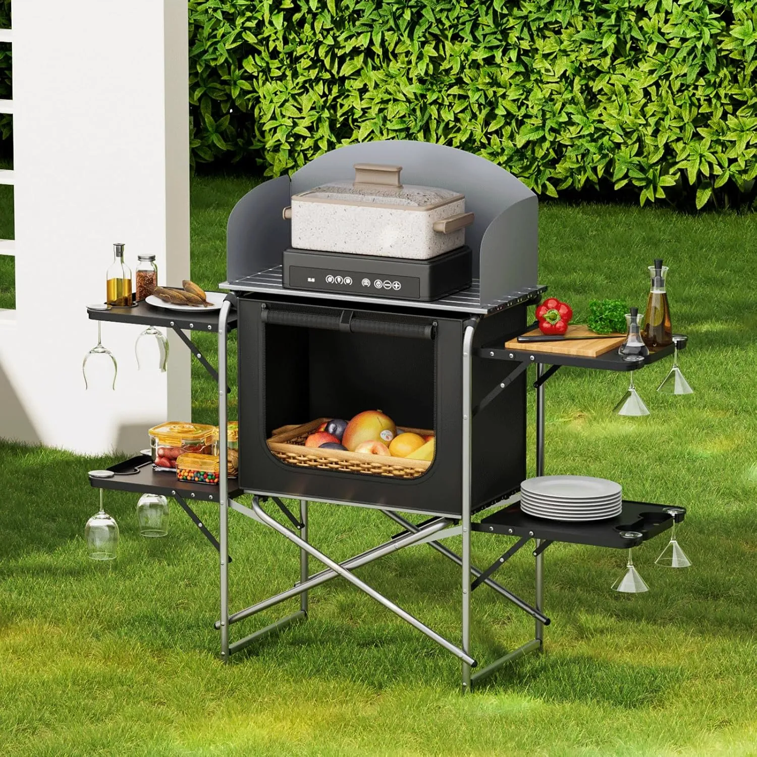 MADOG Camping Kitchen Table, Aluminum Folding Camp Cook Station with Windscreen, Storage Organizer and Carrying Bag, for Outdoor Parties, Picnics, Silver