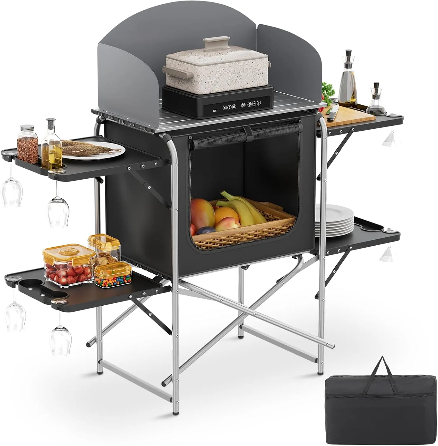 MADOG Camping Kitchen Table, Aluminum Folding Camp Cook Station with Windscreen, Storage Organizer and Carrying Bag, for Outdoor Parties, Picnics, Silver