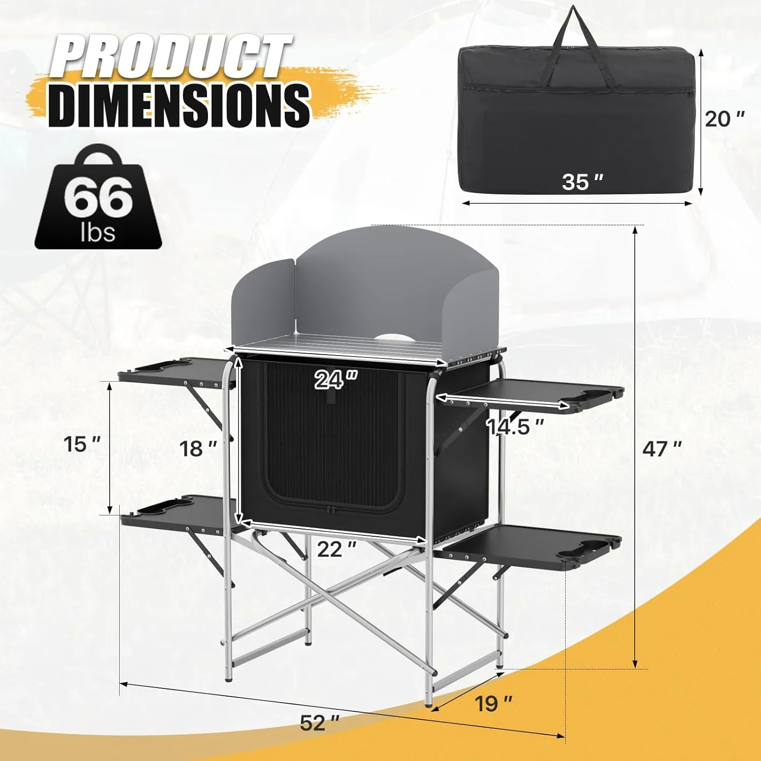 MADOG Camping Kitchen Table, Aluminum Folding Camp Cook Station with Windscreen, Storage Organizer and Carrying Bag, for Outdoor Parties, Picnics, Silver