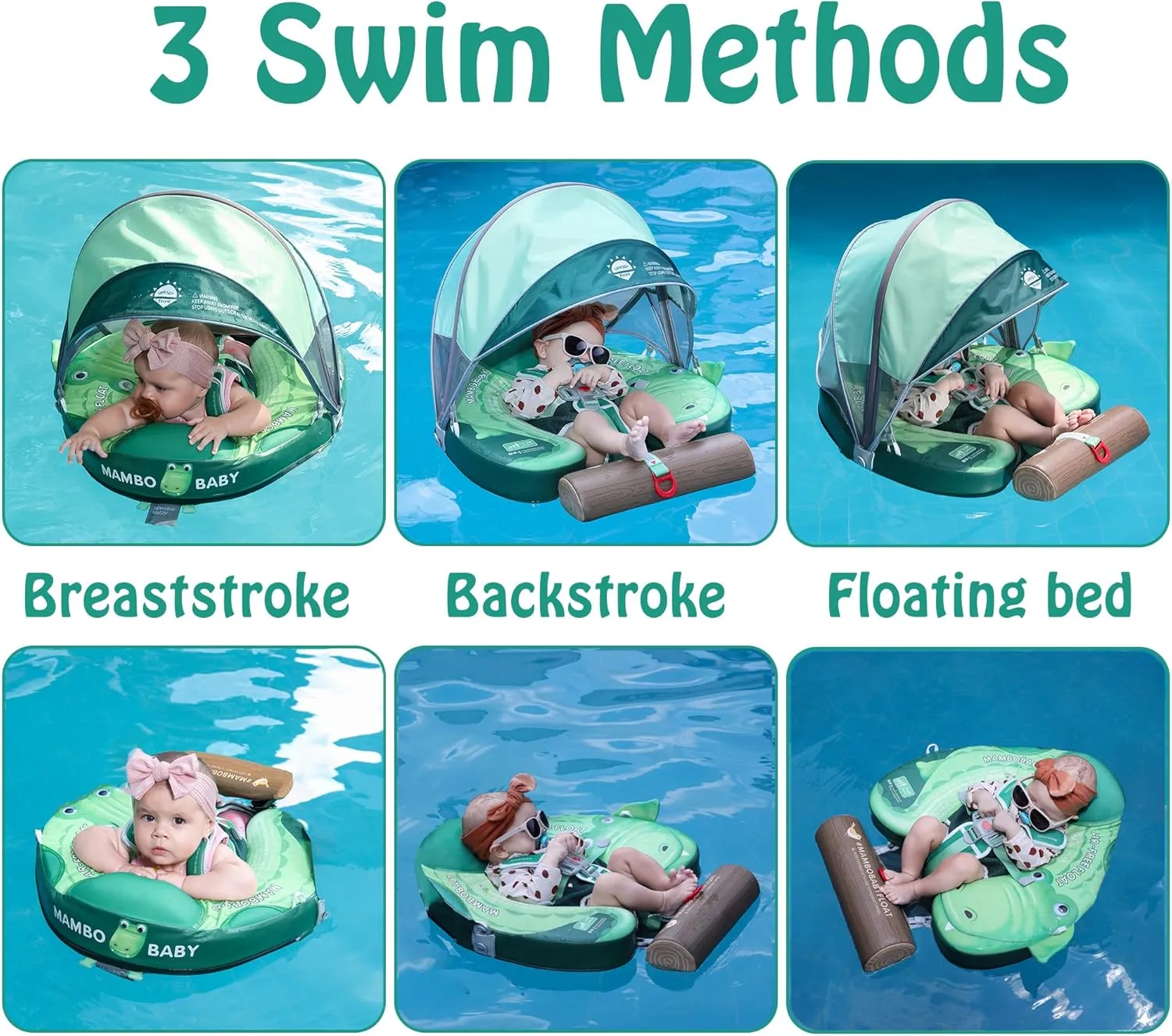Mambobaby Float Non Inflatable Baby Float with Canopy Upgarded Add Tail Baby Swim Float with UPF 50  Sun Canopy, Safety Swim Tranier Solid Toddler Pool Float for Age 3-24 Months, Crocodile Green