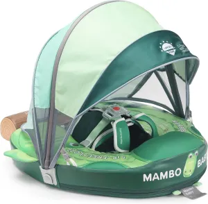 Mambobaby Float Non Inflatable Baby Float with Canopy Upgarded Add Tail Baby Swim Float with UPF 50  Sun Canopy, Safety Swim Tranier Solid Toddler Pool Float for Age 3-24 Months, Crocodile Green