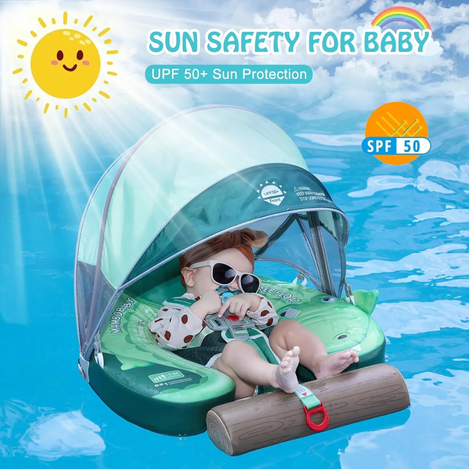 Mambobaby Float Non Inflatable Baby Float with Canopy Upgarded Add Tail Baby Swim Float with UPF 50  Sun Canopy, Safety Swim Tranier Solid Toddler Pool Float for Age 3-24 Months, Crocodile Green