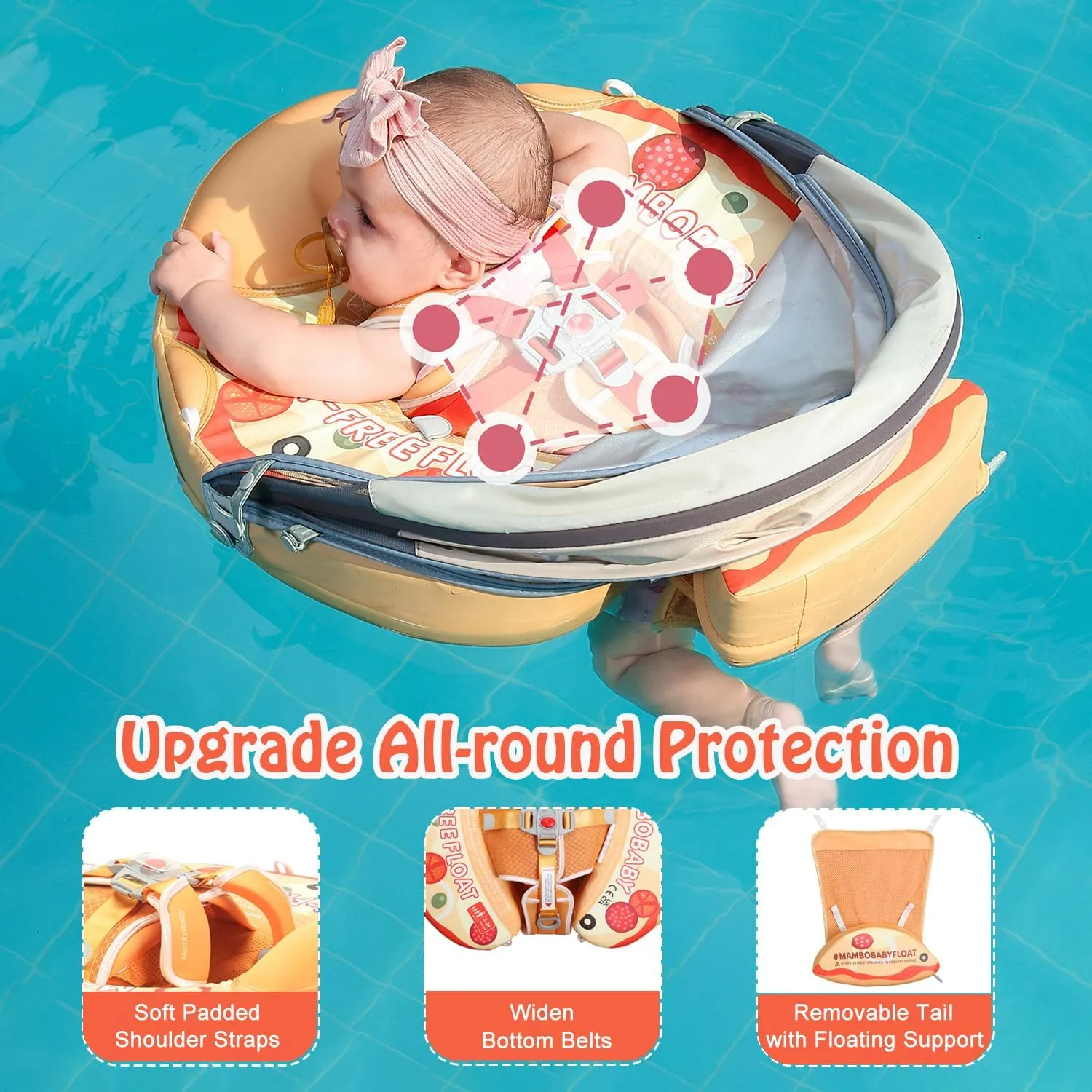 Mambobaby Float with Canopy Baby Pool Floats Non Inflatable for Swimming Baby Swim Float Safety Swim Tranier Upgraded Tail Solid Pool Float for Infant Toddler 3-24 Months, Pizza