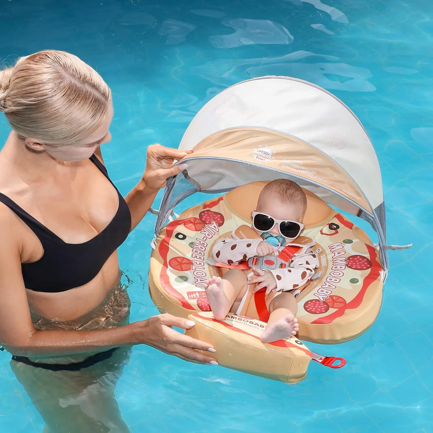 Mambobaby Float with Canopy Baby Pool Floats Non Inflatable for Swimming Baby Swim Float Safety Swim Tranier Upgraded Tail Solid Pool Float for Infant Toddler 3-24 Months, Pizza
