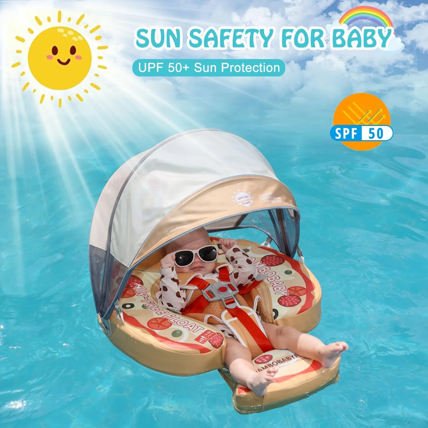 Mambobaby Float with Canopy Baby Pool Floats Non Inflatable for Swimming Baby Swim Float Safety Swim Tranier Upgraded Tail Solid Pool Float for Infant Toddler 3-24 Months, Pizza