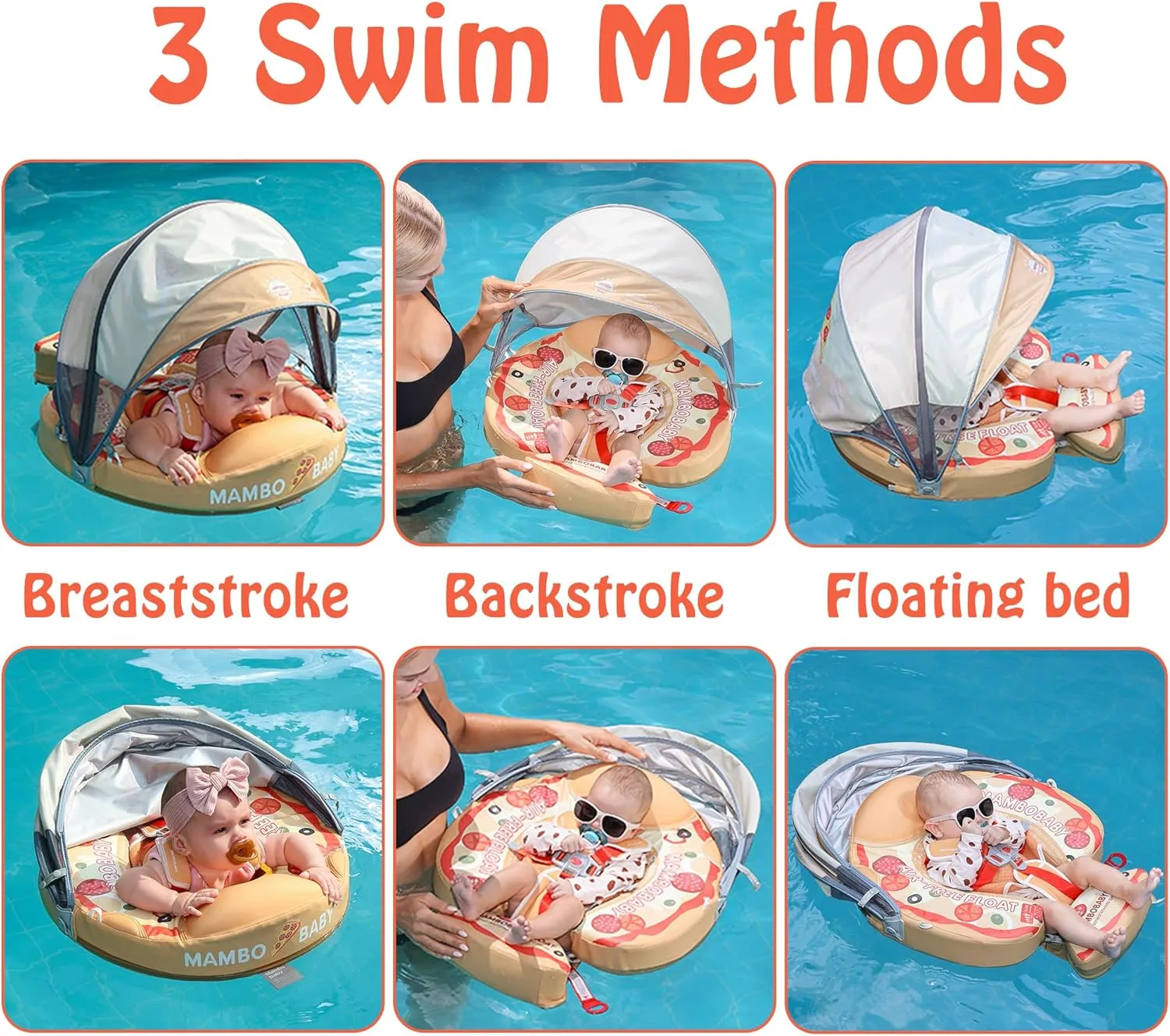 Mambobaby Float with Canopy Baby Pool Floats Non Inflatable for Swimming Baby Swim Float Safety Swim Tranier Upgraded Tail Solid Pool Float for Infant Toddler 3-24 Months, Pizza