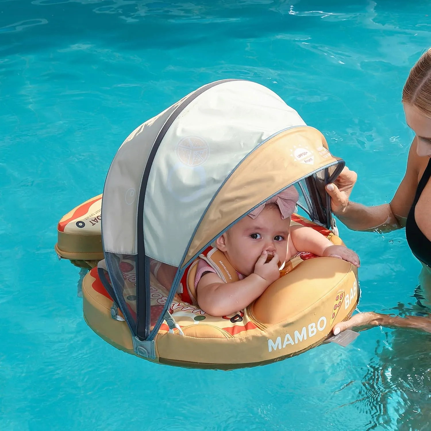 Mambobaby Float with Canopy Baby Pool Floats Non Inflatable for Swimming Baby Swim Float Safety Swim Tranier Upgraded Tail Solid Pool Float for Infant Toddler 3-24 Months, Pizza