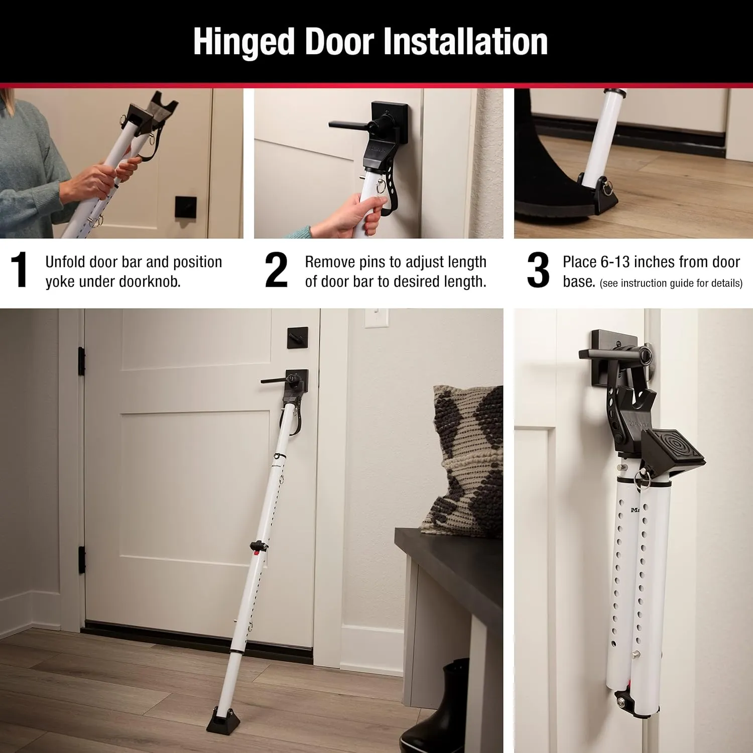 Master Lock Sliding Door Stopper and Door Security Bar, Adjustable for Hinged and Sliding Doors, Compact Enough to Travel for Hotel Security, White, 270EC