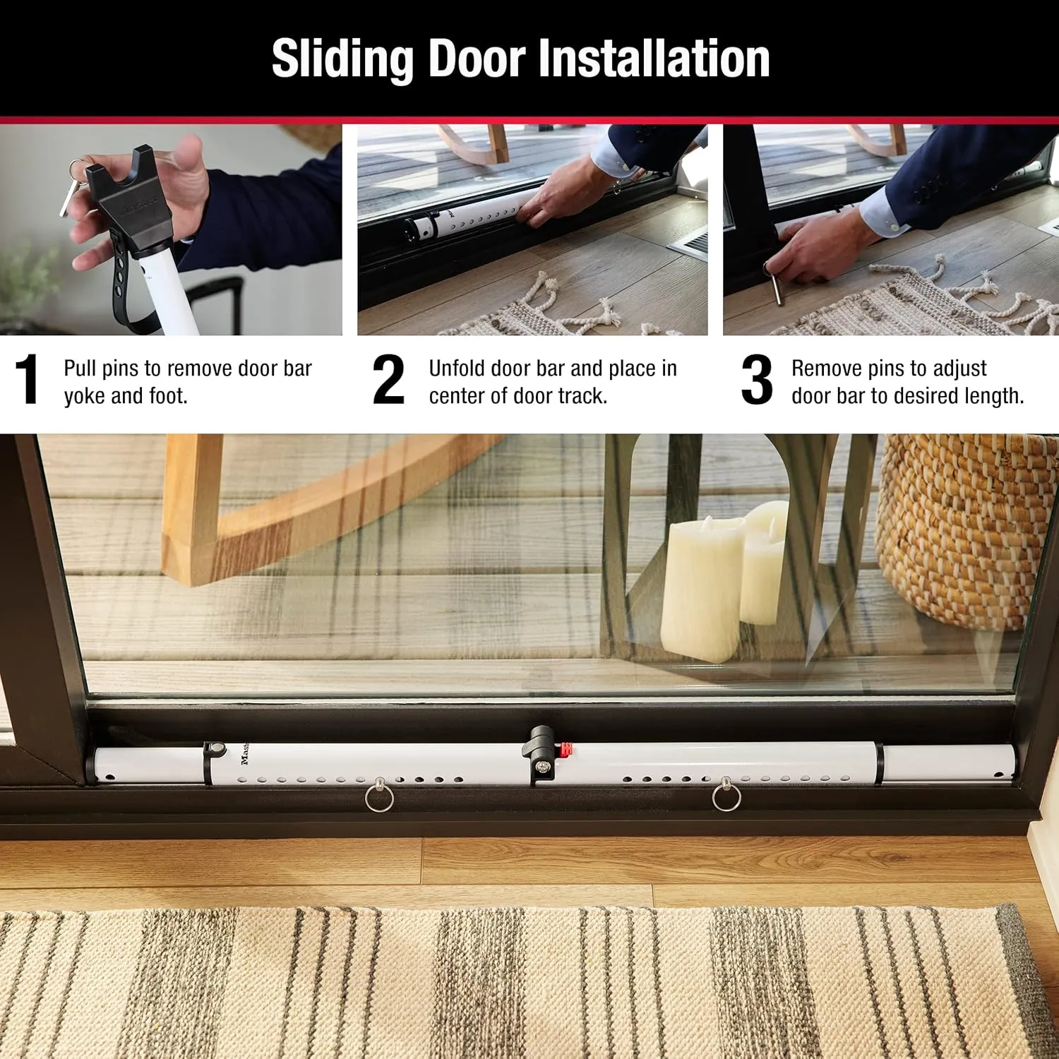 Master Lock Sliding Door Stopper and Door Security Bar, Adjustable for Hinged and Sliding Doors, Compact Enough to Travel for Hotel Security, White, 270EC